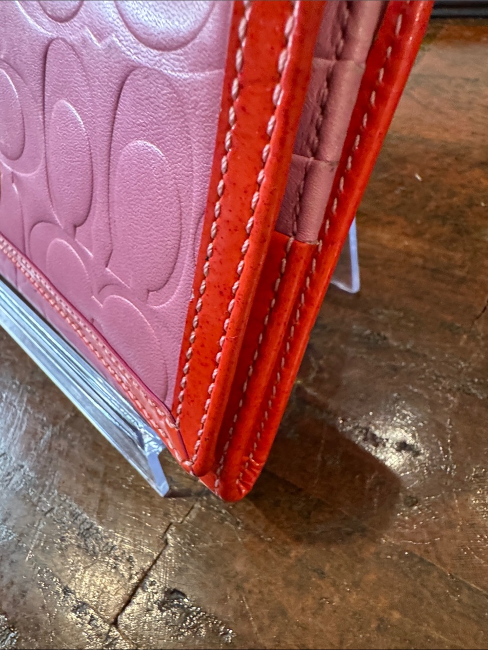 Coach Pink Signature Leather Continental Wallet with Orange Trim - Picture 3 of 14